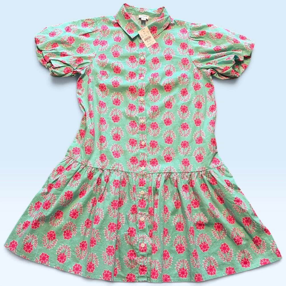 J.Crew Dress Womens 6 Green Floral Shirt Short Puff Sleeve Collared Drop Waist